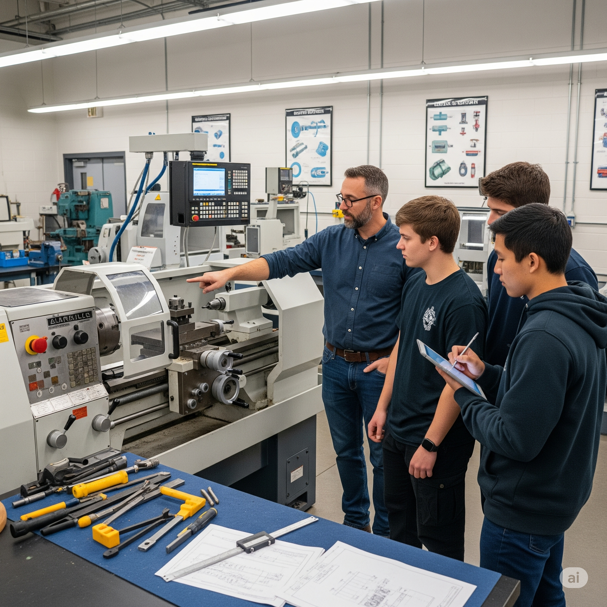 Docente e studenti in un laboratorio meccanico